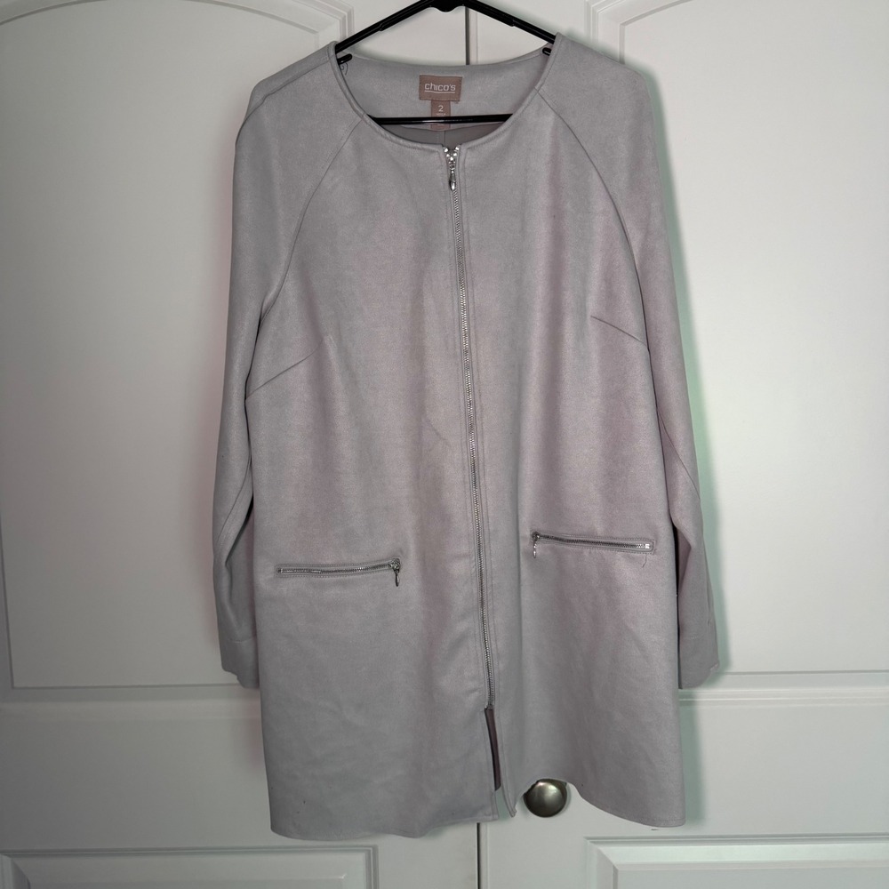 Chicos Faux Suede Zip Front Jacket Gray Lavender Size 2 Large Collarless Coat